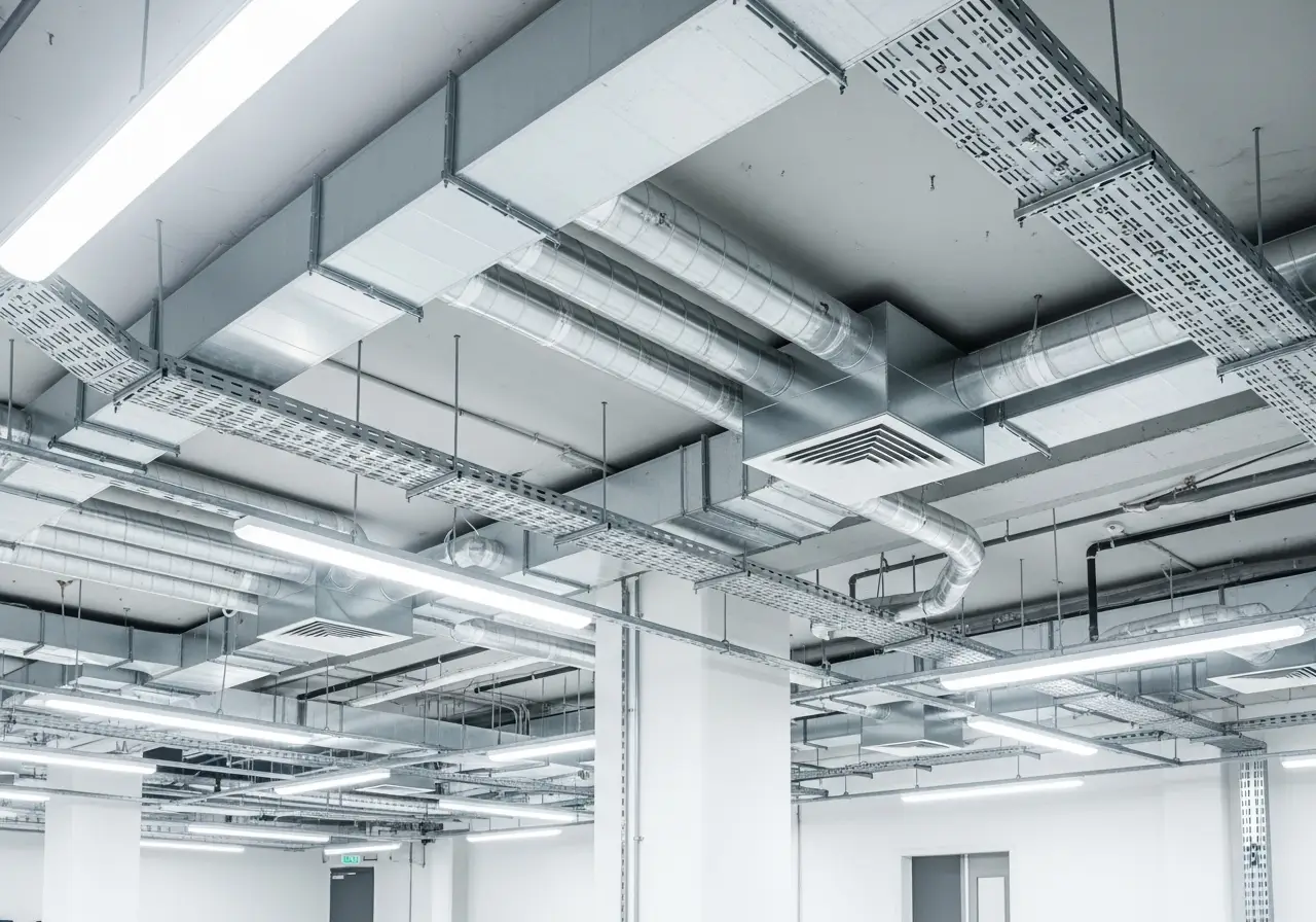 Sistem saluran udara (ducting) dan Air Handling Unit (AHU) untuk distribusi pendinginan merata di gedung komersial