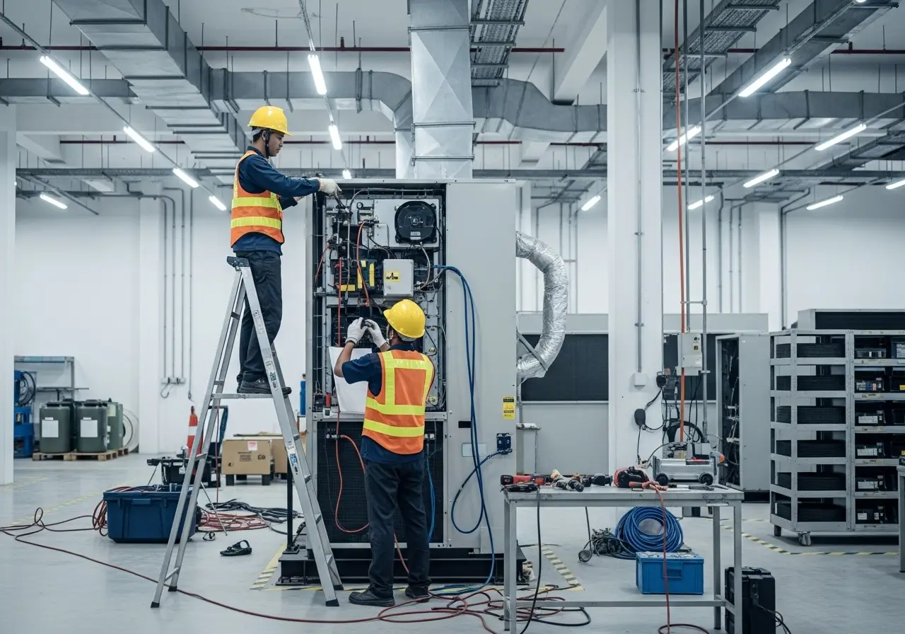 Teknisi CV Segoro Makmur sedang melakukan instalasi sistem HVAC AHU untuk kebutuhan AC Industrial di sebuah pabrik di Semarang.