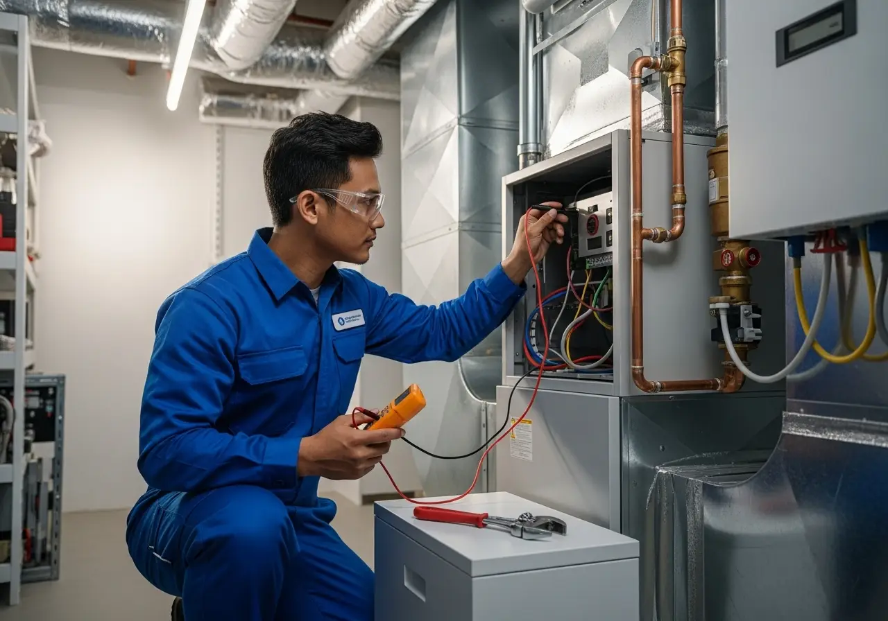 Teknisi sedang melakukan pengecekan panel kontrol listrik pada unit HVAC menggunakan multimeter untuk pemeliharaan rutin.